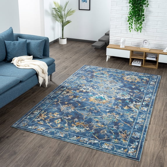 Ox Bay Ada 6' x 9' Indigo Bordered Floral Durable Indoor Area Rug