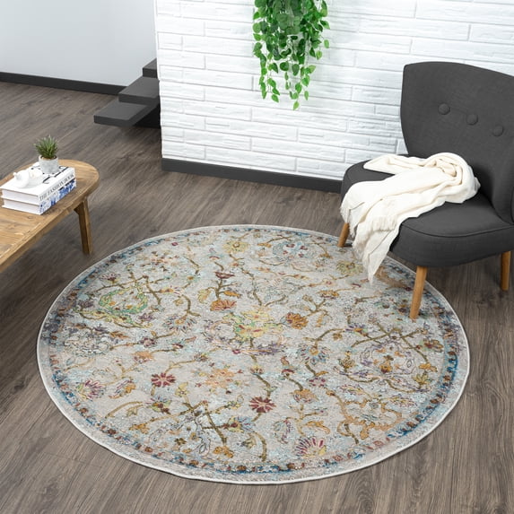 Ox Bay Ada 7'6" Round Gray/Green Floral Durable Indoor Area Rug