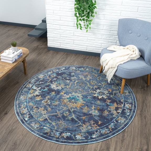 Laddha Home Designs 7.5' Floral Bordered Round Area Throw Rug - Multicolor