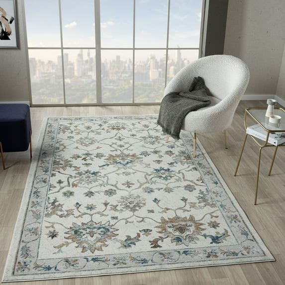 Ox Bay Ada 8'9" x 11'9" Ivory Bordered Floral Durable Indoor Area Rug