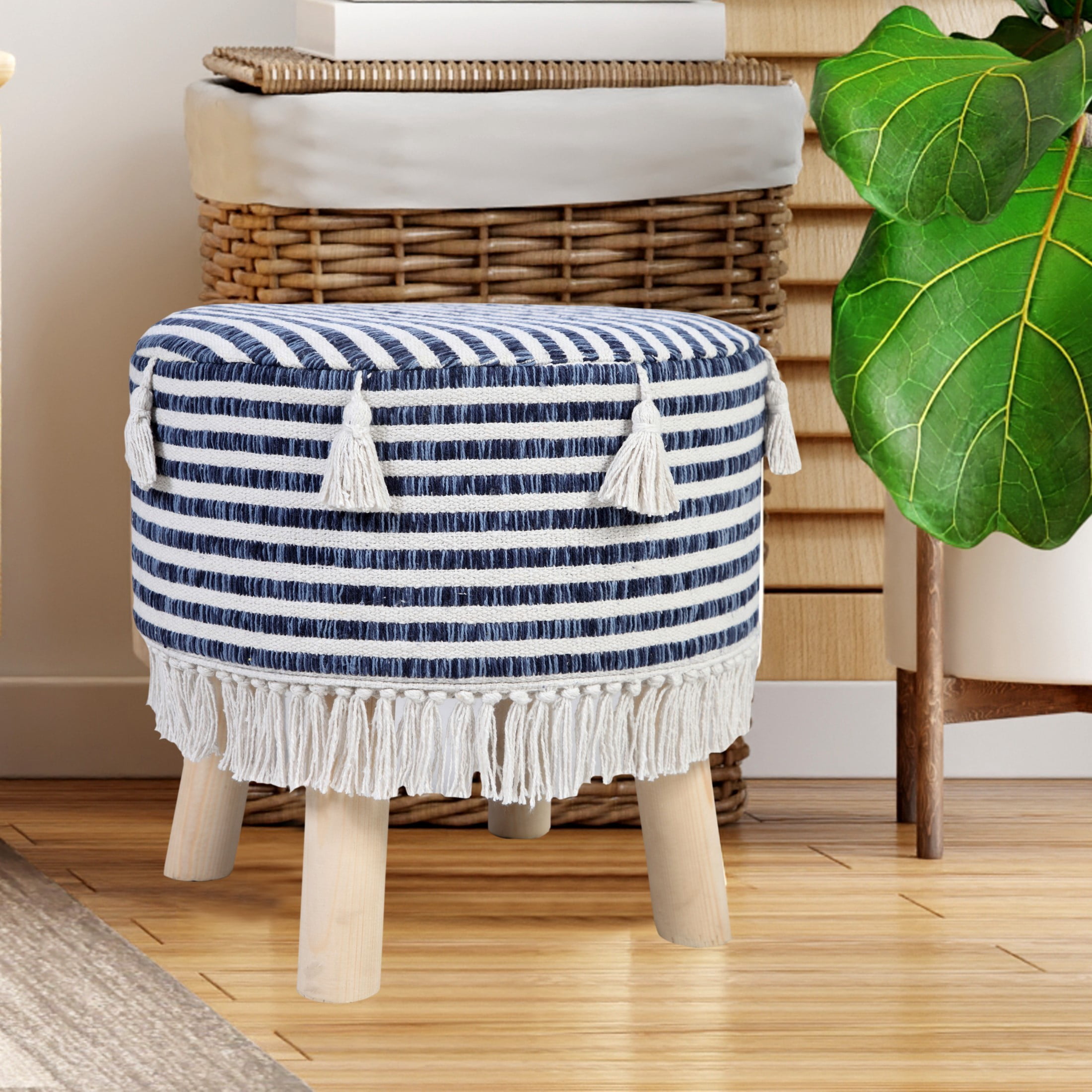 Ox Bay Alder Handmade Blue/White Striped Organic Cotton Stool, 16" x 16"