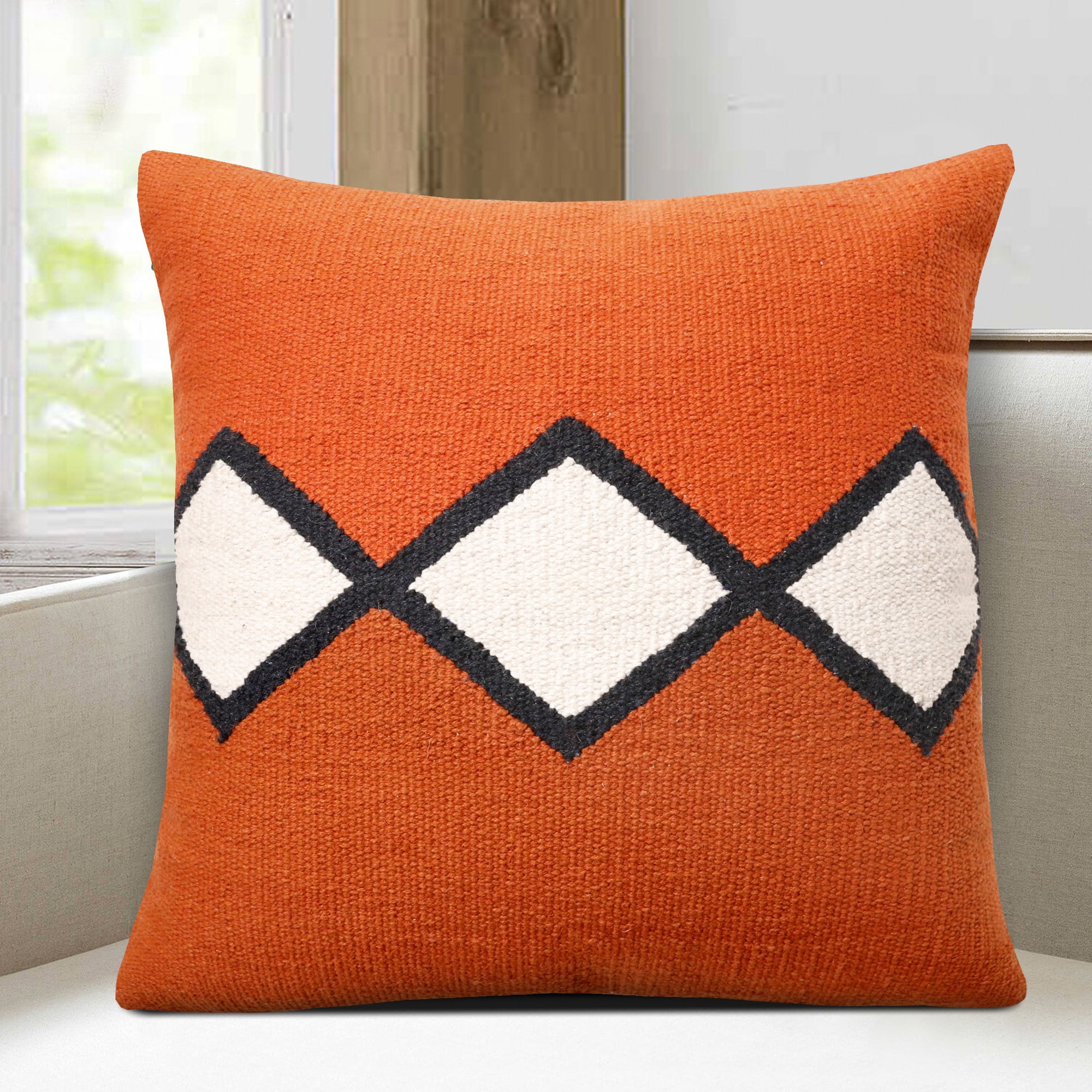 Laddha Home Designs Handwoven Embroidered Diamond Cotton Throw Pillow Cover - 20" - Orange and White