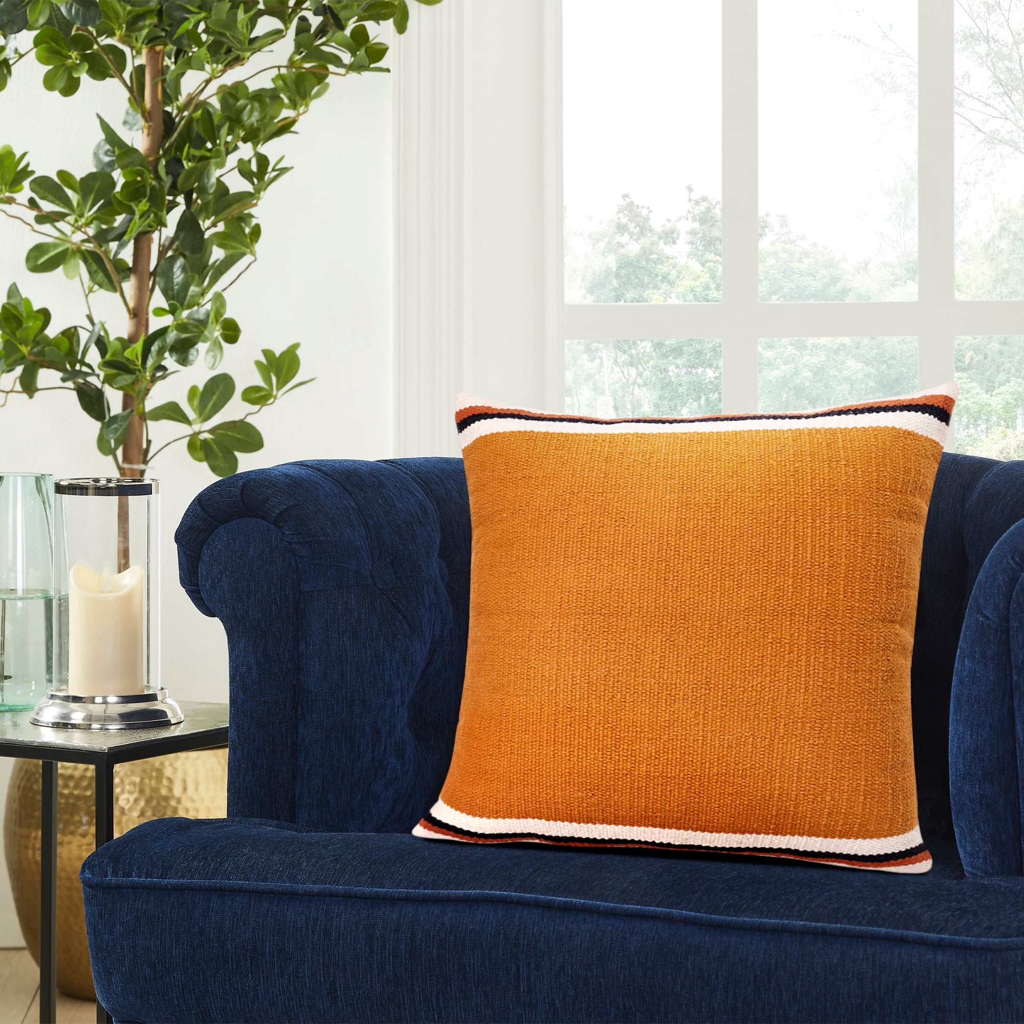 Laddha Home Designs Handwoven Striped Cotton Throw Pillow Cover - 20" - Orange and White
