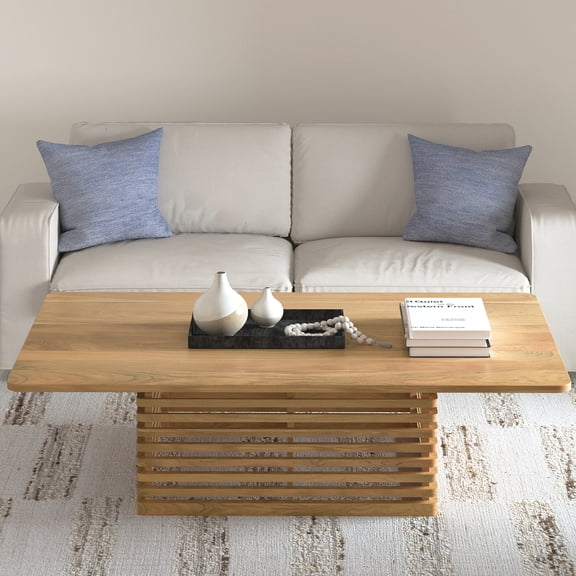 Ox Bay Alex Rectangle Solid Wood Coffee Table with Brown Finish, Light Brown Scandinavian Style, 33" x 62" x 18"