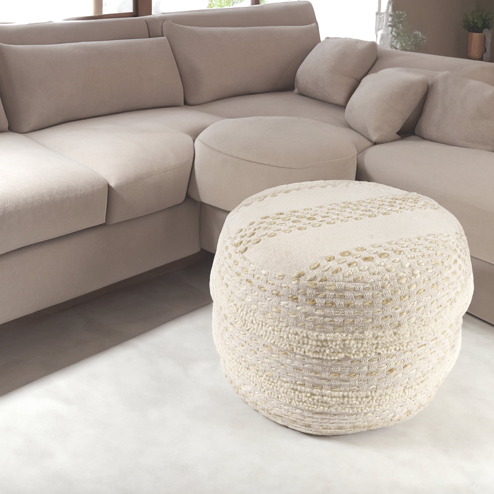 Ox Bay Amadeus Striped Farmhouse Cotton Ultra-Soft Indoor Ottoman Pouf, White/Beige, 18" x 18" x 14"