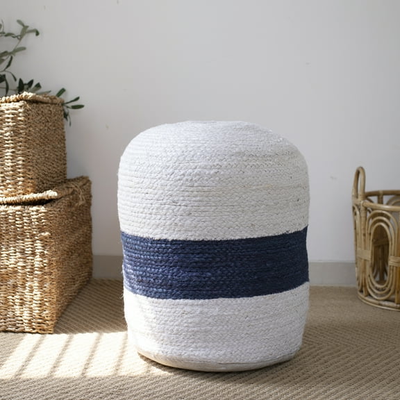 Ox Bay Amanda Striped Nautical Jute Hand-Woven Indoor Ottoman Pouf, Bleach/ Navy, 18" x 18" x 18"
