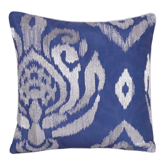 Ox Bay Amara Ikat Glam Polyester Hand Woven Throw Pillow, Blue/Silver, 20" x 20"