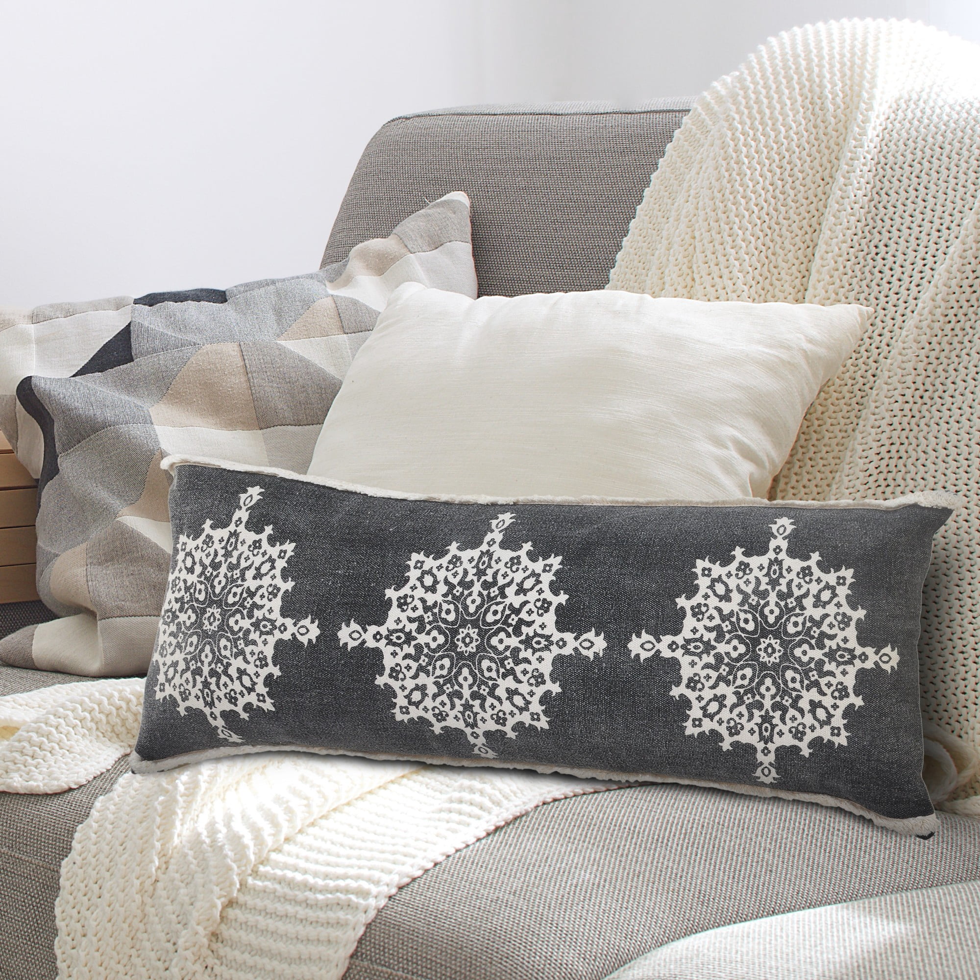 Laddha Home Designs Handwoven Medallion Cotton Lumbar Pillow Cover - 36" - Gray and White