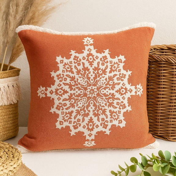 Laddha Home Designs Handwoven Floral Medallion Cotton Throw Pillow Cover - 20" - Orange and White