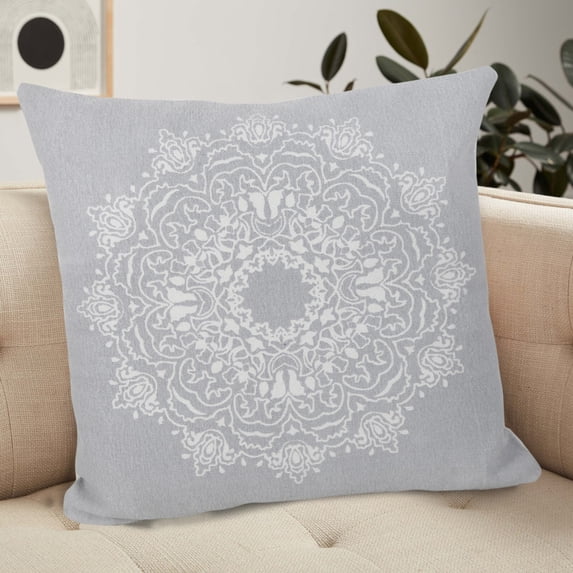 Laddha Home Designs Handwoven Floral Medallion Cotton Throw Pillow Cover - 20" - Gray and White