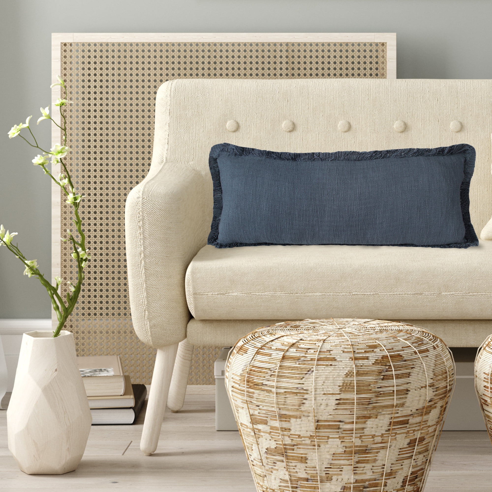 Ox Bay Bennett 14" x 36" Navy Fringed Cotton Adult Decorative Lumbar Throw Pillow Cover