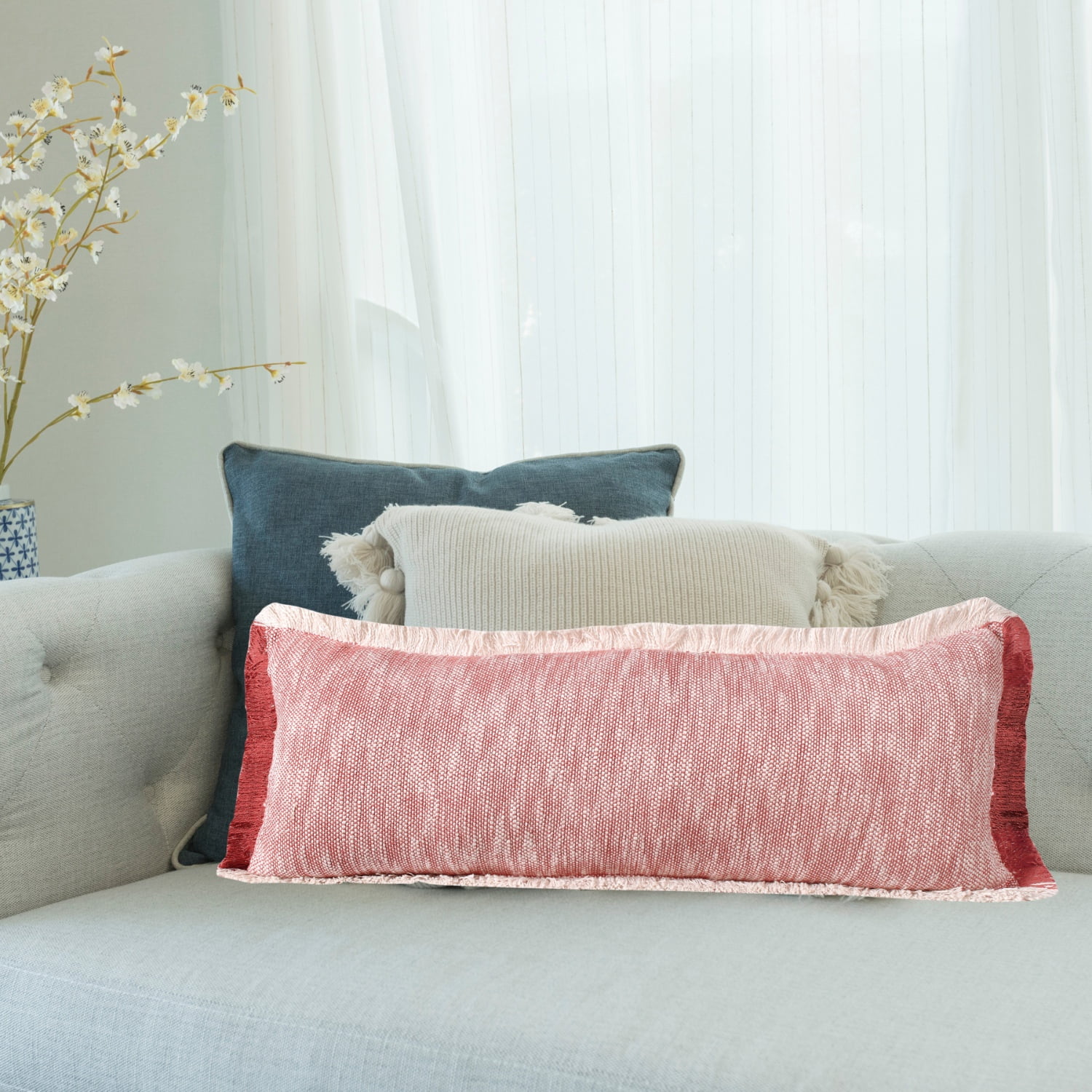 Ox Bay Bennett 14" x 36" Red Fringed Cotton Adult Decorative Lumbar Throw Pillow Cover