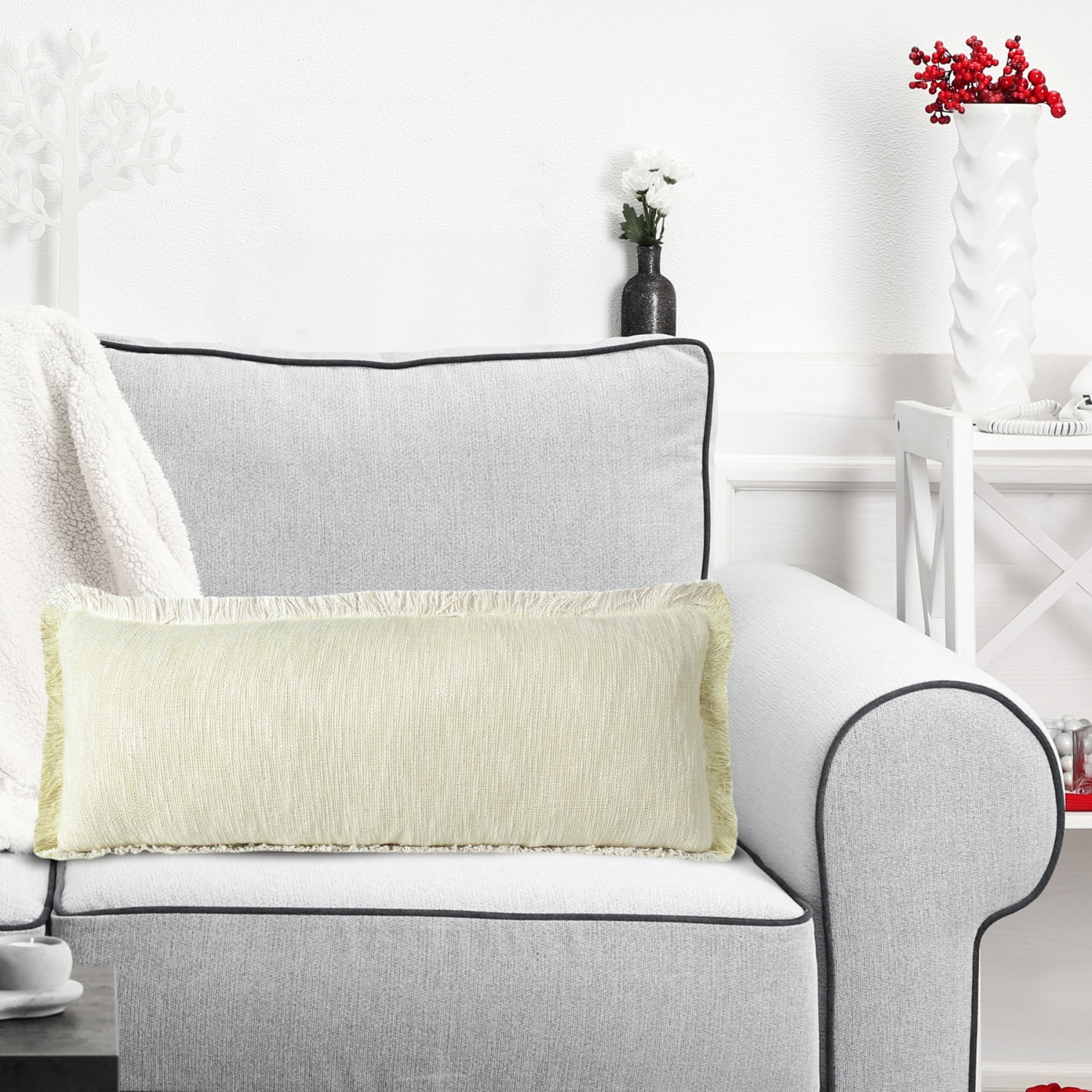 Ox Bay Bennett 14" x 36" Yellow Fringed Cotton Adult Decorative Lumbar Throw Pillow Cover