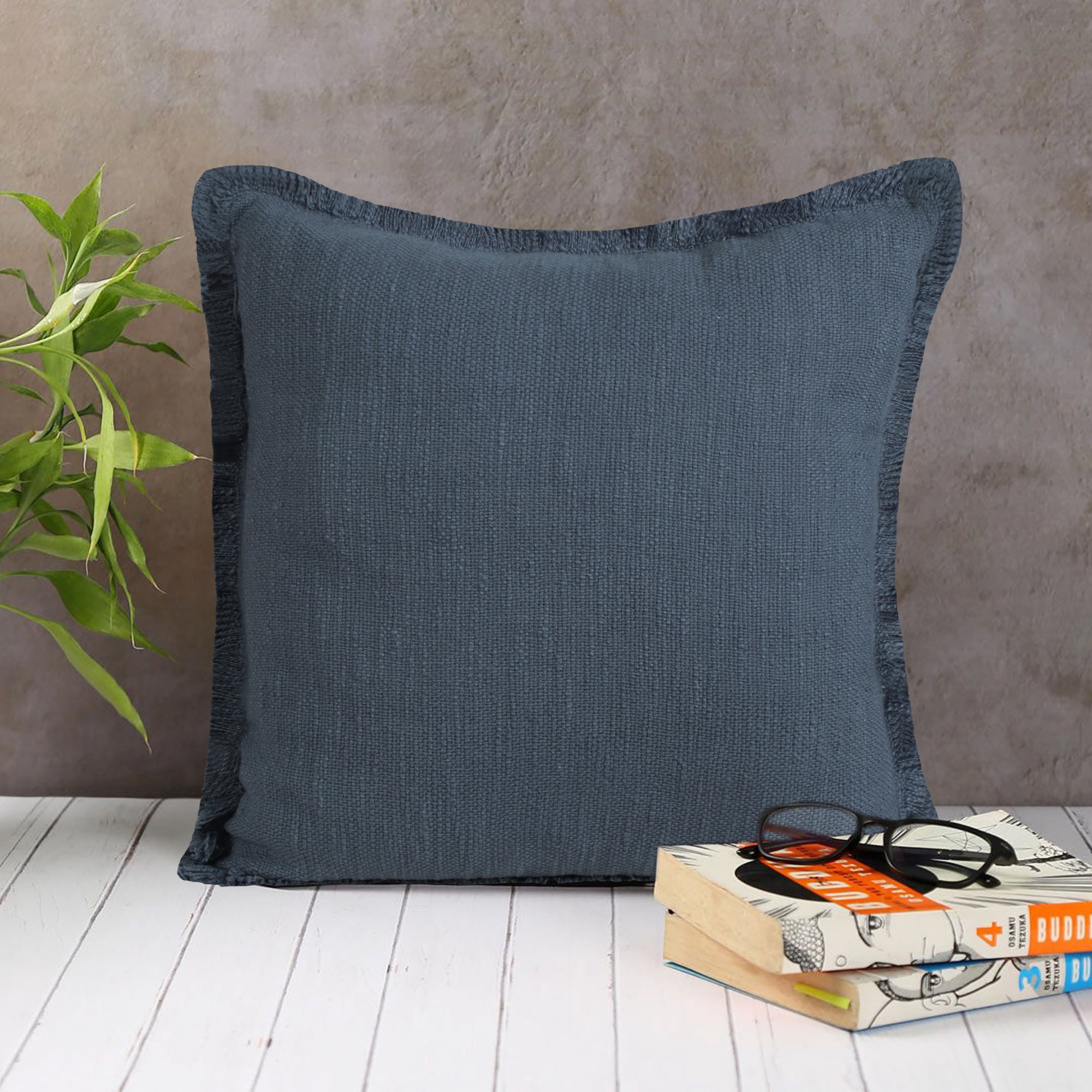 Ox Bay Bennett 20" x 20" Blue Solid Fringed Cotton Adult Decorative Throw Pillow Cover