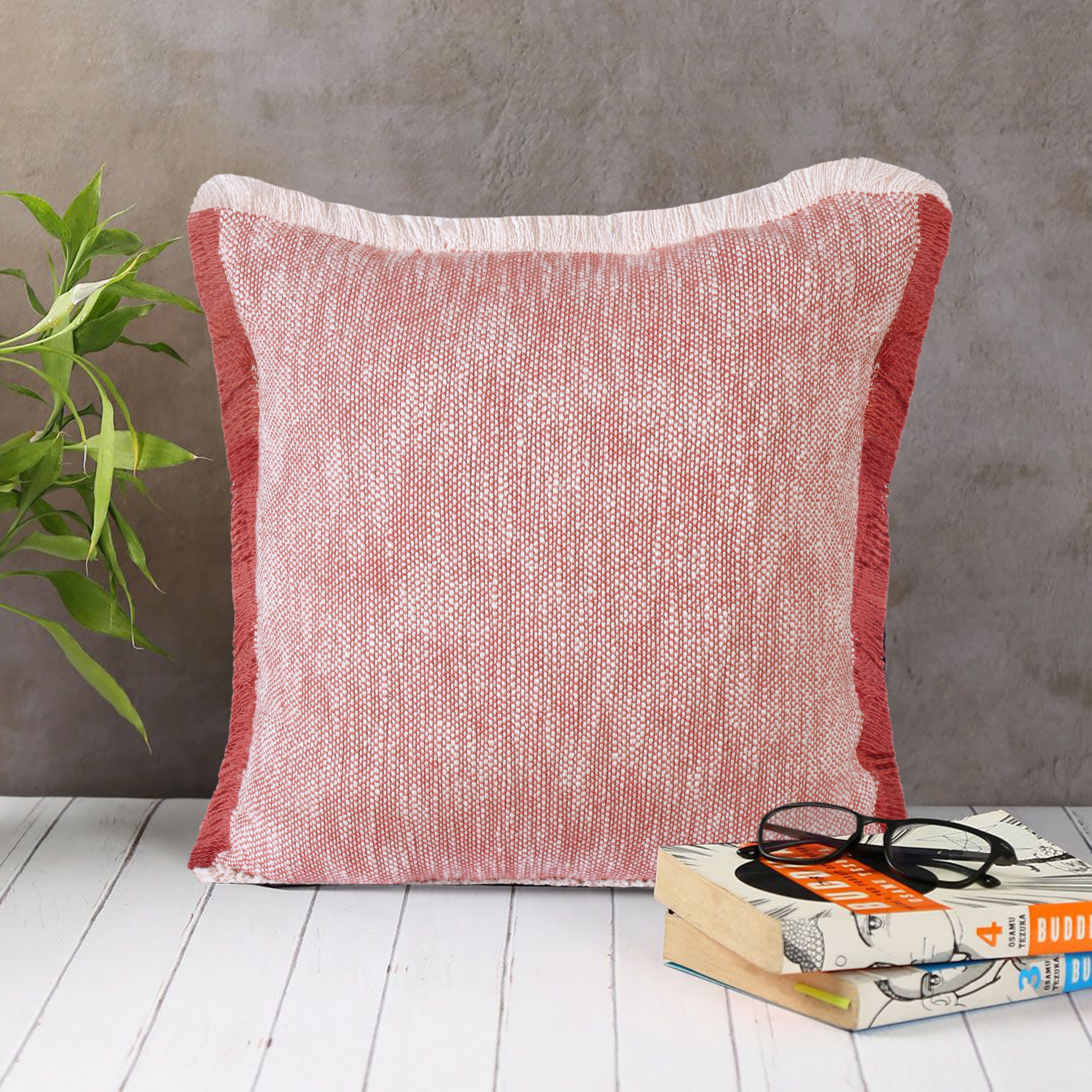 Ox Bay Bennett 20" x 20" Red/Ivory Solid Fringed Cotton Adult Decorative Throw Pillow Cover