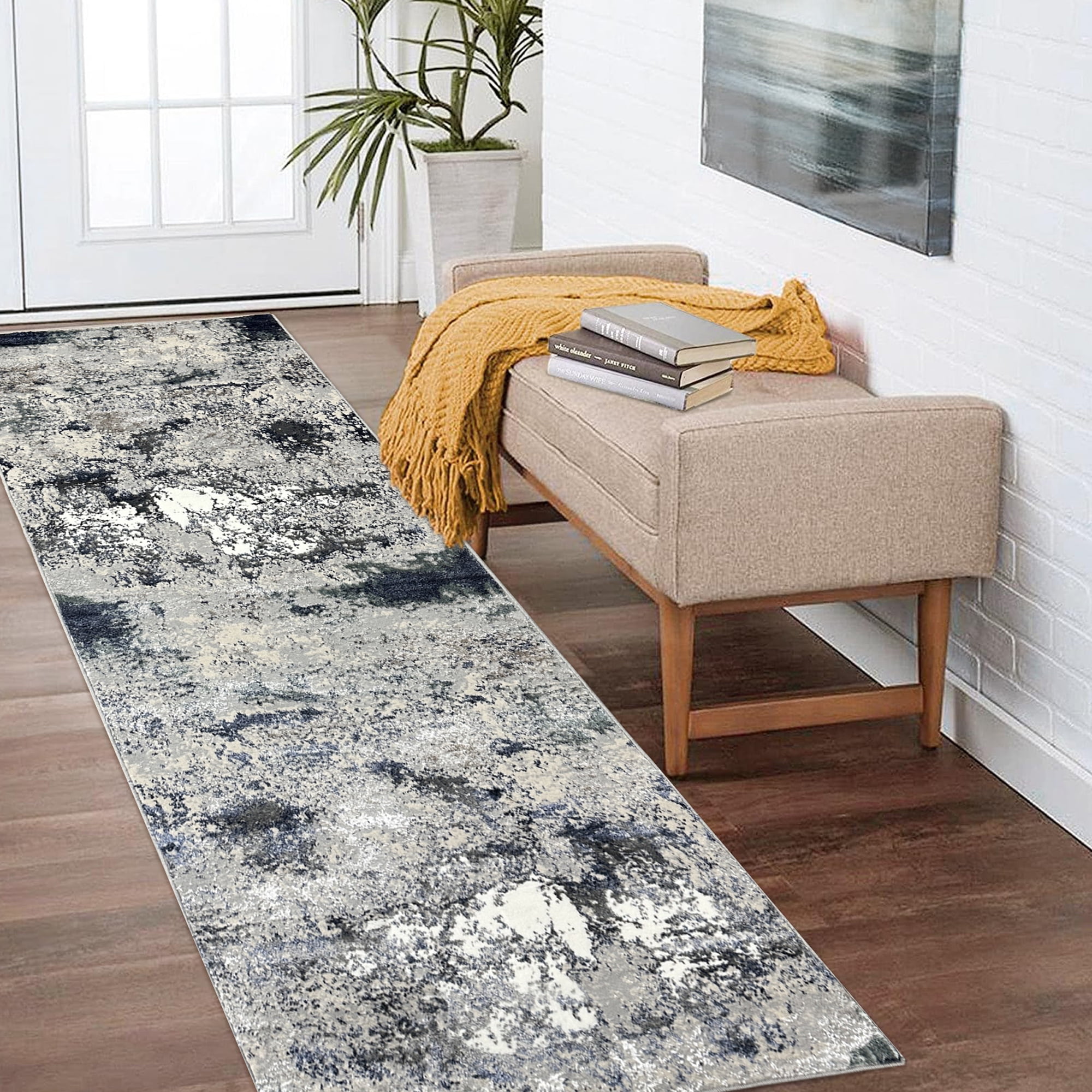 Harlow Hill Bethany 2'6" x 8' Grey/Teal Abstract Durable Indoor Runner Rug
