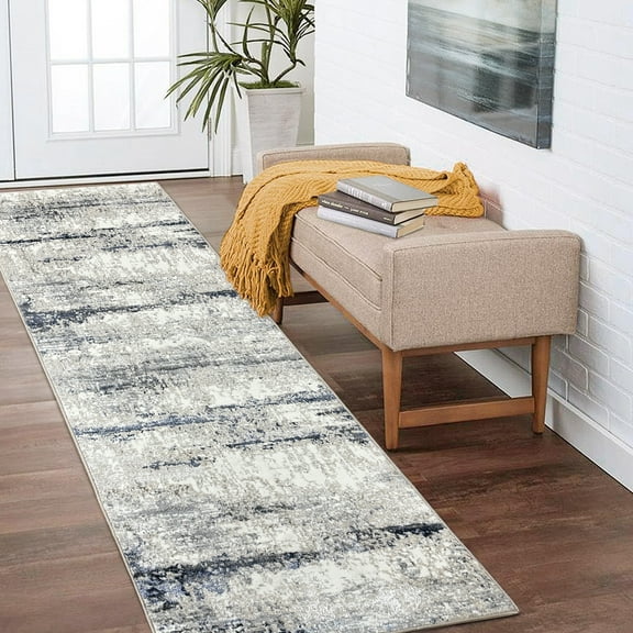 Ox Bay Bethany 2'6" x 8' Gray/Blue Abstract Durable Indoor Area Rug