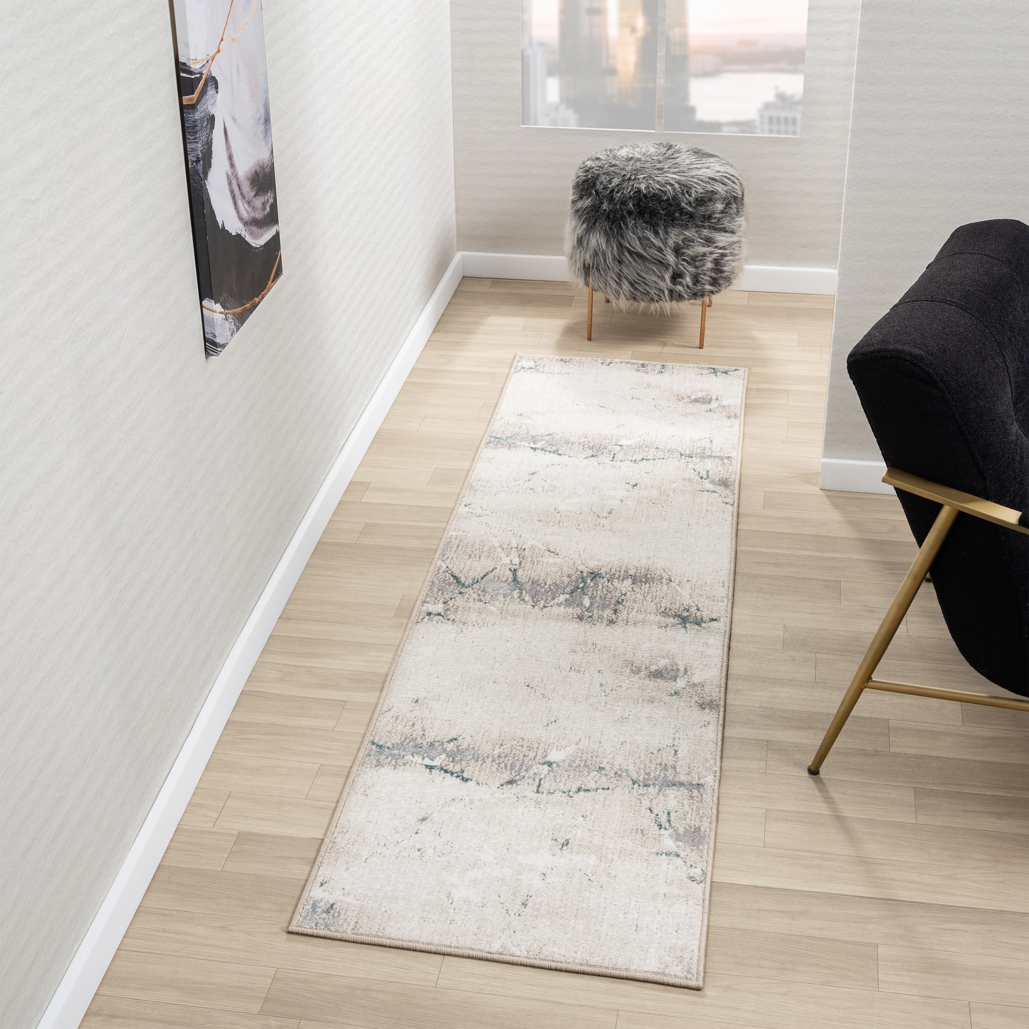 Ox Bay Bethany 2' x 7' Beige/Blue Abstract Durable Indoor Area Rug
