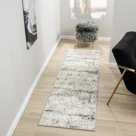 Ox Bay Bethany 2' x 7' Cream/Gray Abstract Durable Indoor Area Rug