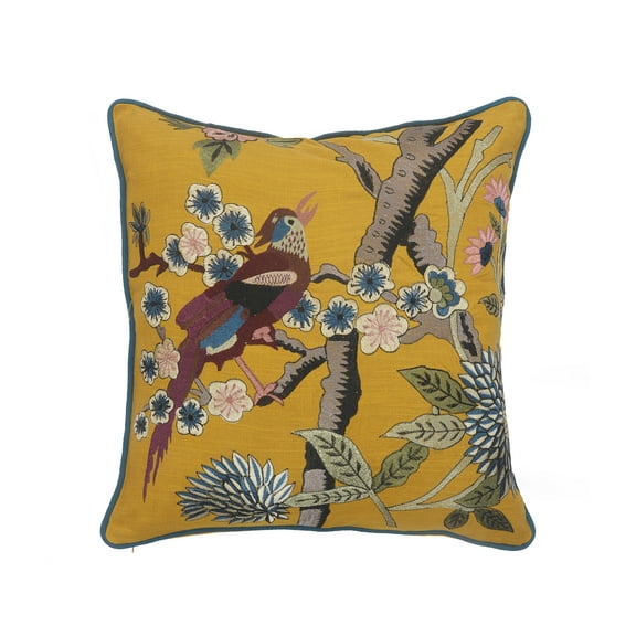 Ox Bay Dayana Yellow Bird Embroidered Cotton Adult Decorative Throw Pillow