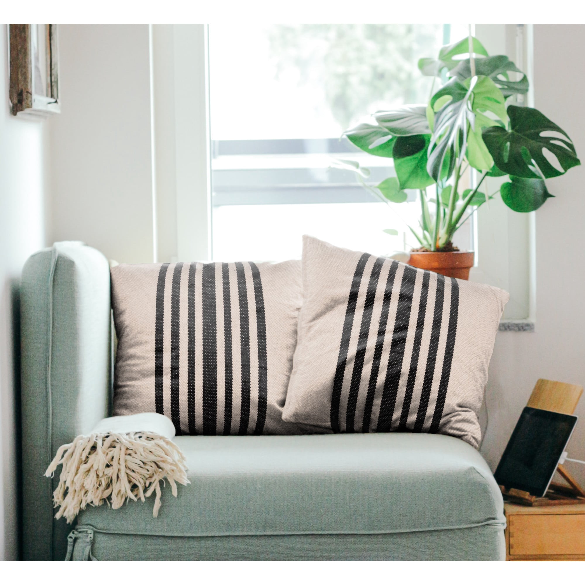 Harlow Hill White/Black Striped Contemporary Cotton Throw Pillow Cover Set of 2, 22" x 22"