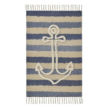 Ox Bay Blair 2'6" x 3'9" Blue/Beige Shag Anchor Striped Durable Indoor Area Rug
