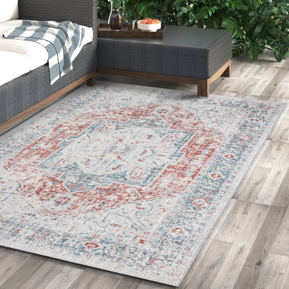 Ox Bay Blake 8' x 10' Blue/Rust Bordered Medallion Indoor/Outdoor Performance Area Rug