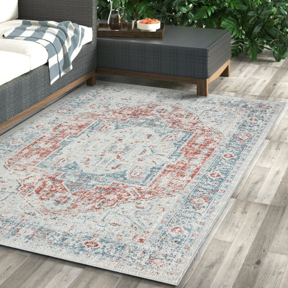 Ox Bay Blake 9' x 12' Indoor/Outdoor Area Rug, Blue/Rust Medallion, Durable and Easy Care