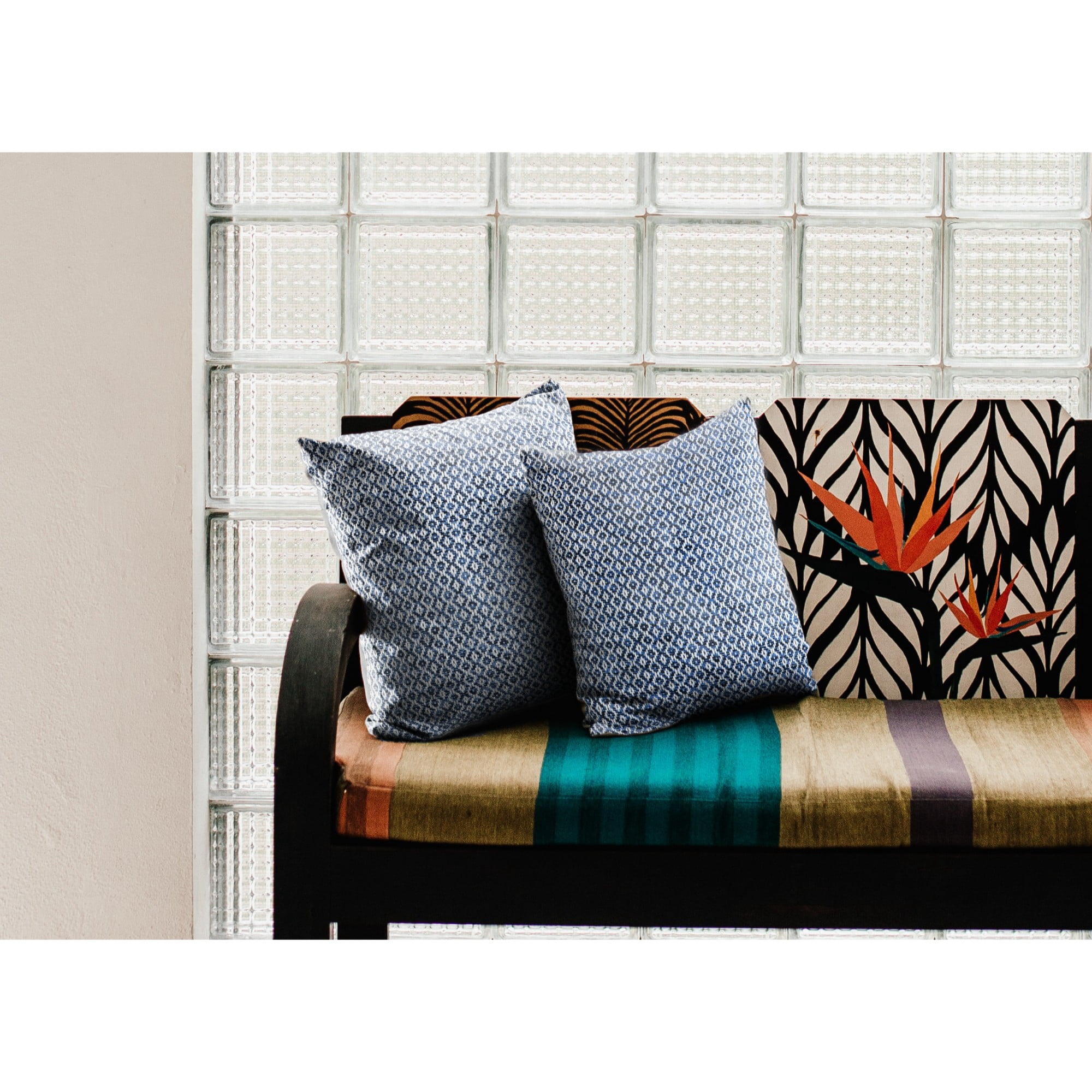 Laddha Home Designs Handwoven Geometric Square Throw Pillows - 18" - Navy Blue and White - Set of 2