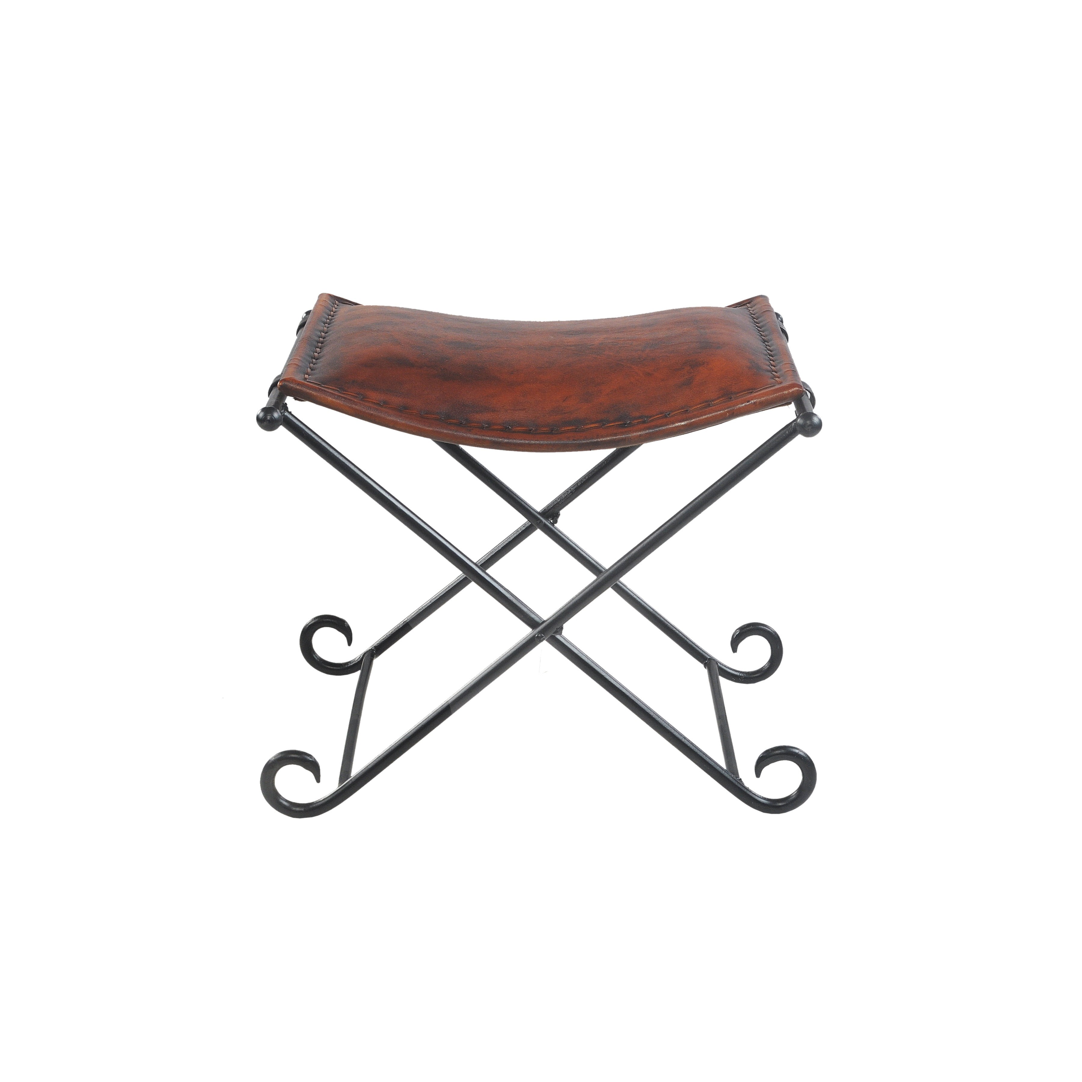 Ox Bay Bree Rustic Lodge Leather and Metal Portable Seating Stool, Brown/Black