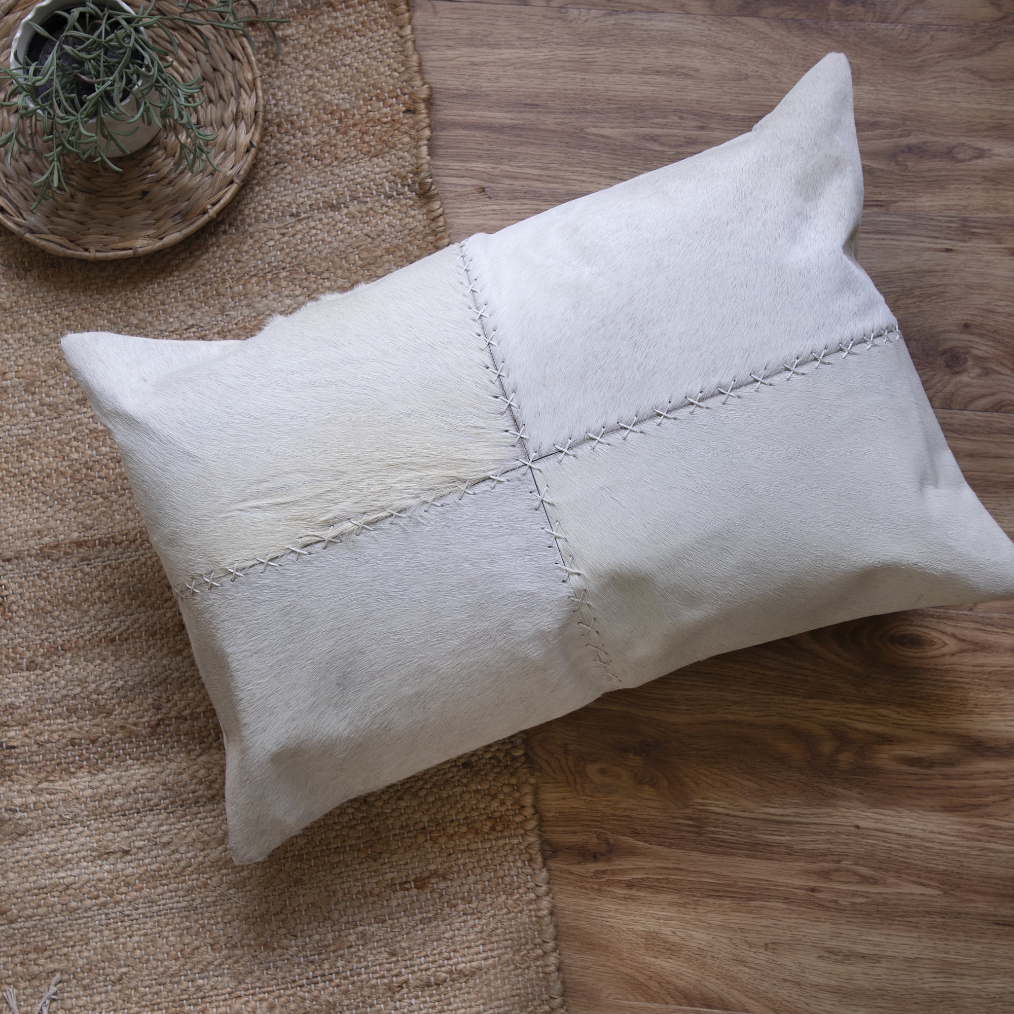 Ox Bay Brody 16" x 24" Beige/Ivory Patchwork Faux Hide Adult Decorative Lumbar Throw Pillow