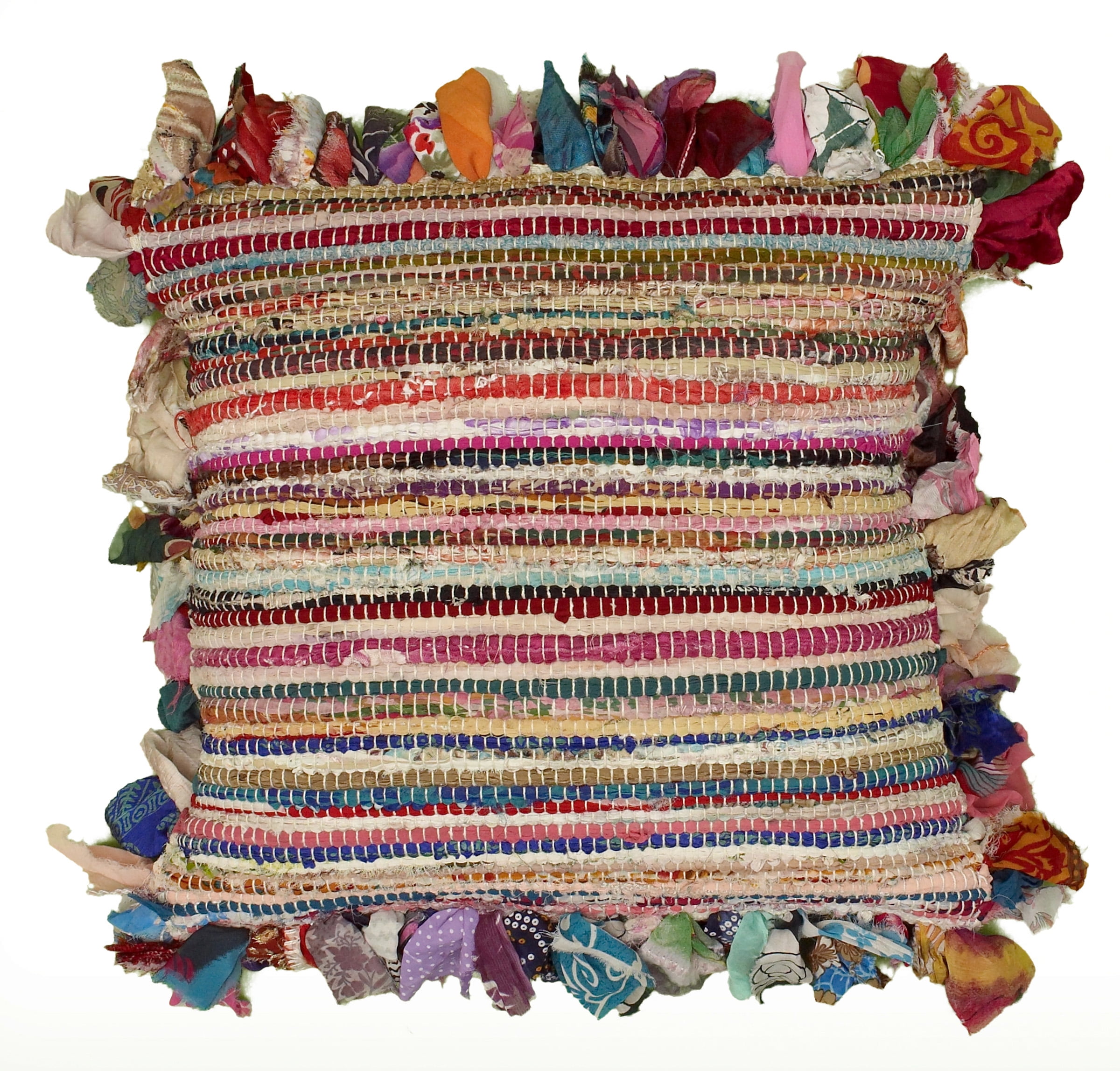 Multicolor Striped Hand-Woven Chindi Floor Pillow, 26" x 26"