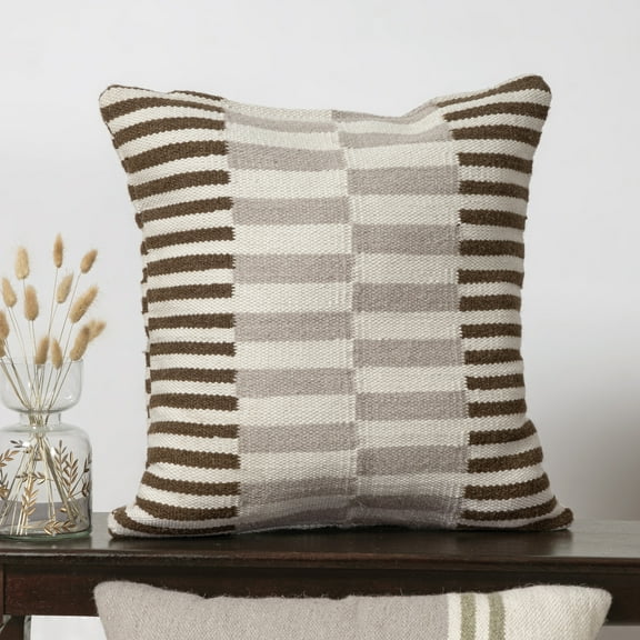 Ox Bay Cairo 24" x 24" White/Gray Striped Wool Blend Adult Decorative Throw Pillow