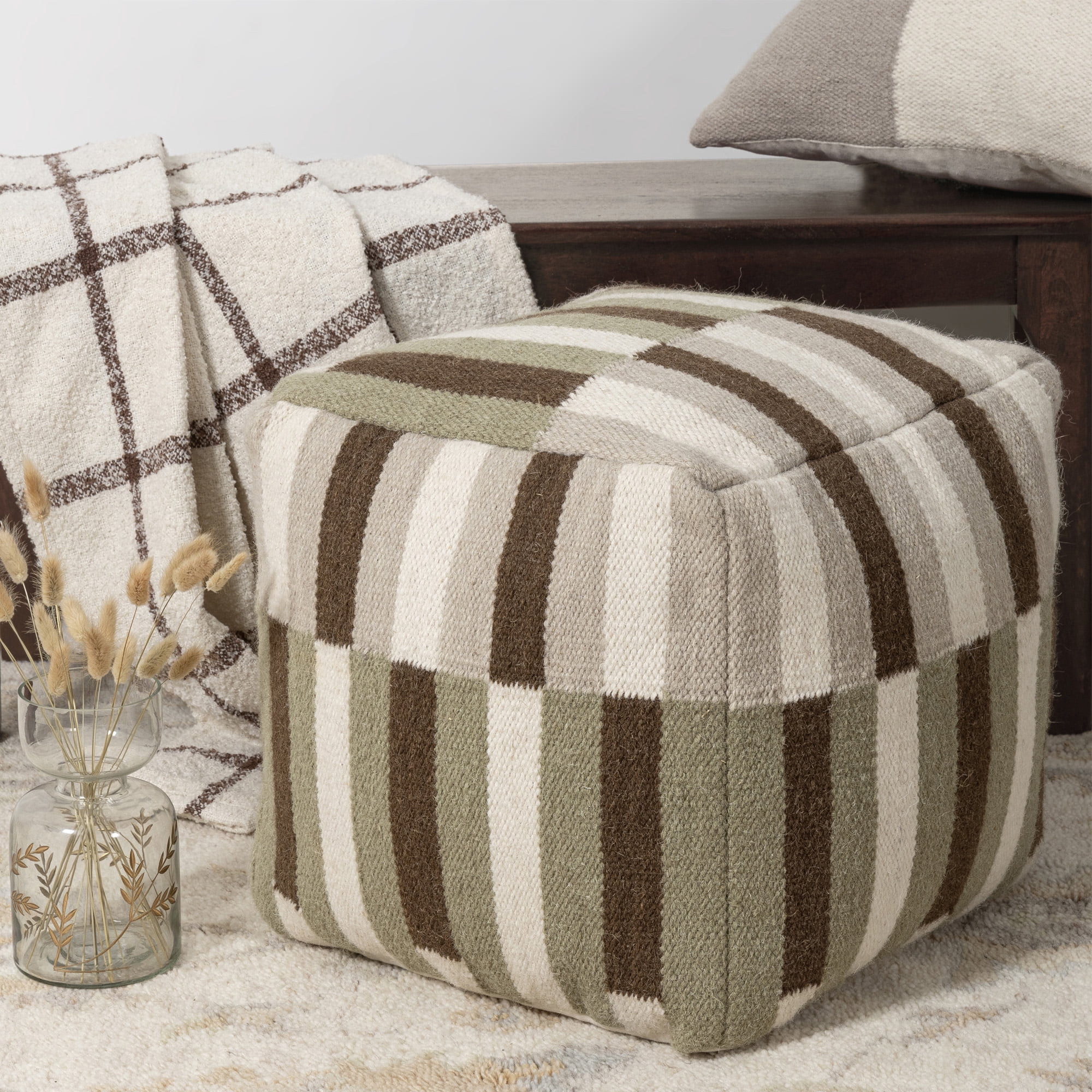 Ox Bay Cairo Ivory/Brown Color Block Striped Medium Square Indoor Pouf Ottoman, 18" H x 18" W