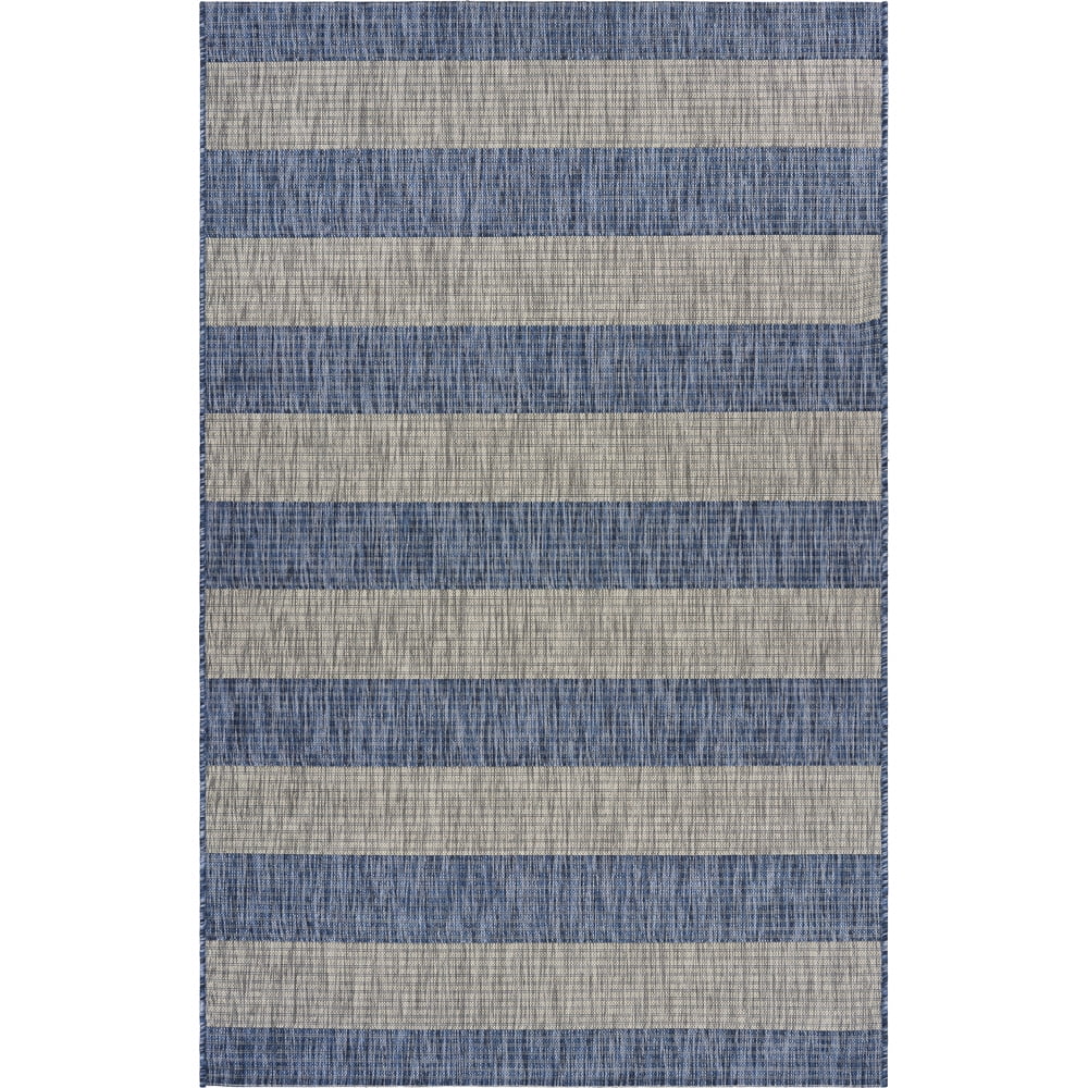 Gray and Blue Striped 8' x 10' Synthetic Rug