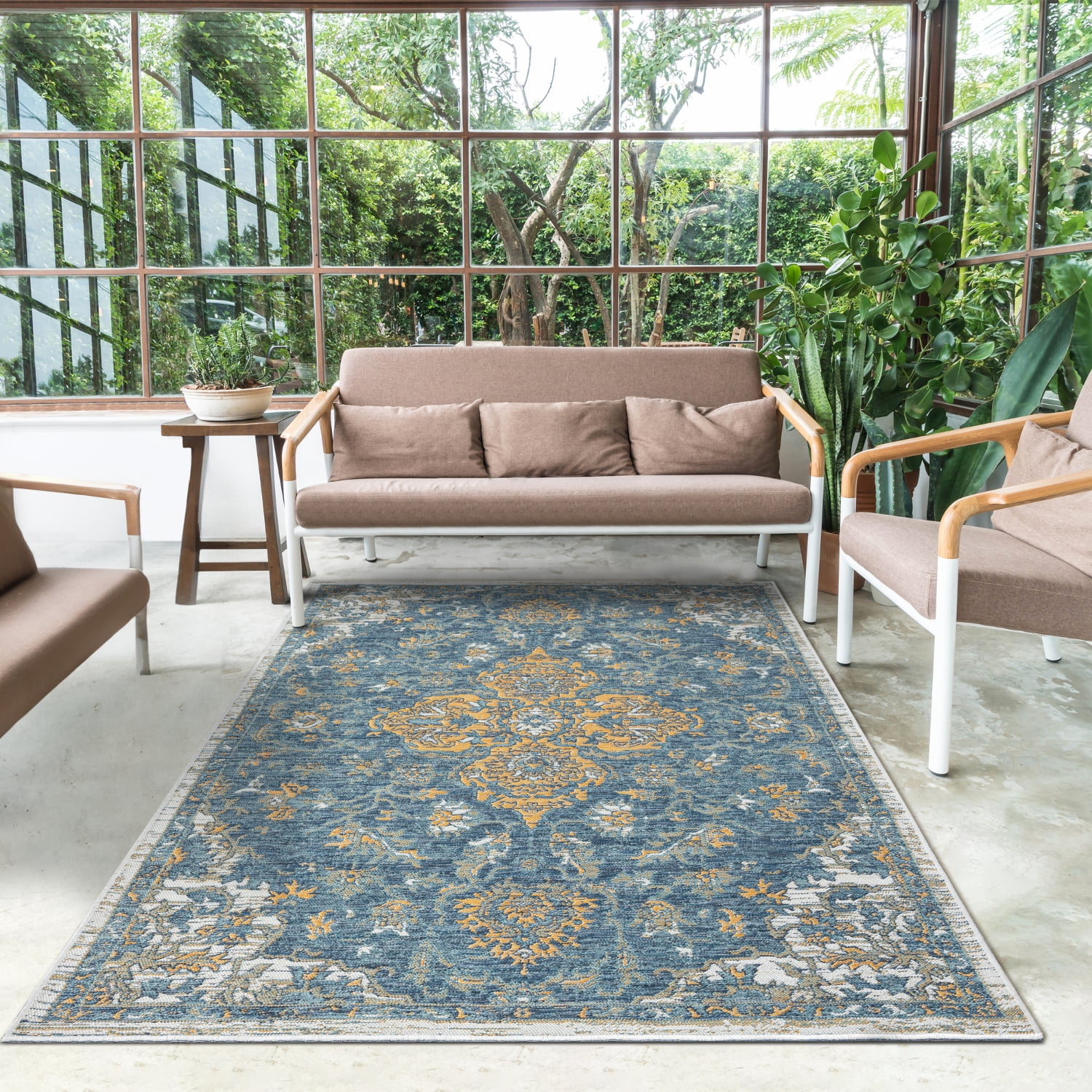 Ox Bay Cara 5'3" x 7' Blue/Orange Medallion Indoor/Outdoor Reversible Area Rug