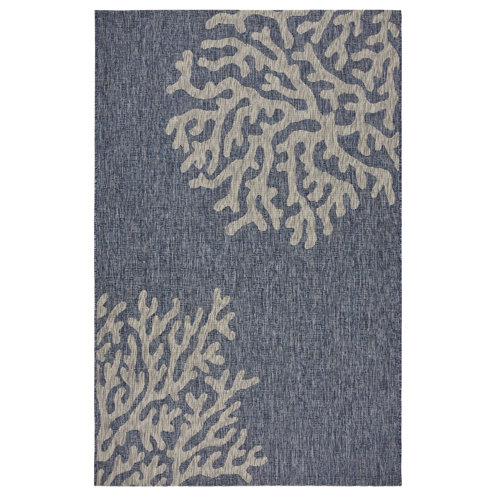 Navy and Gray Coastal Coral Pattern Synthetic Outdoor Rug, 8' x 10'