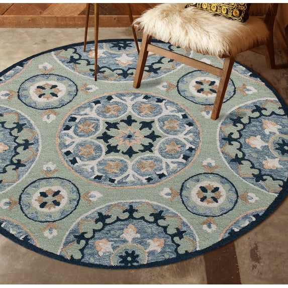 Ox Bay Clio 3' Round Green/Blue Suzani Wool Indoor Area Rug
