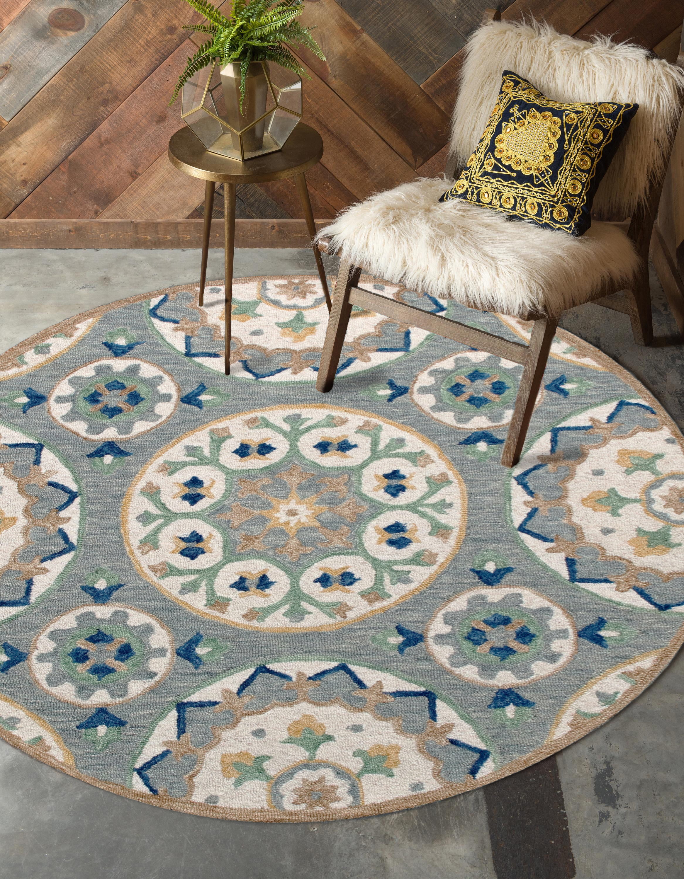 Ox Bay Clio 7'3" Round Gray/Beige Suzani Wool Indoor Area Rug