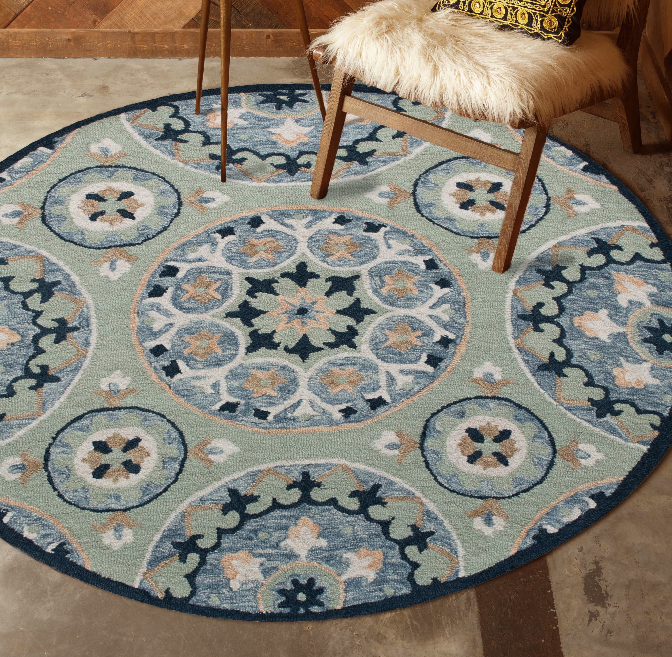 Ox Bay Clio 7'3" Round Green/Blue Suzani Wool Indoor Area Rug