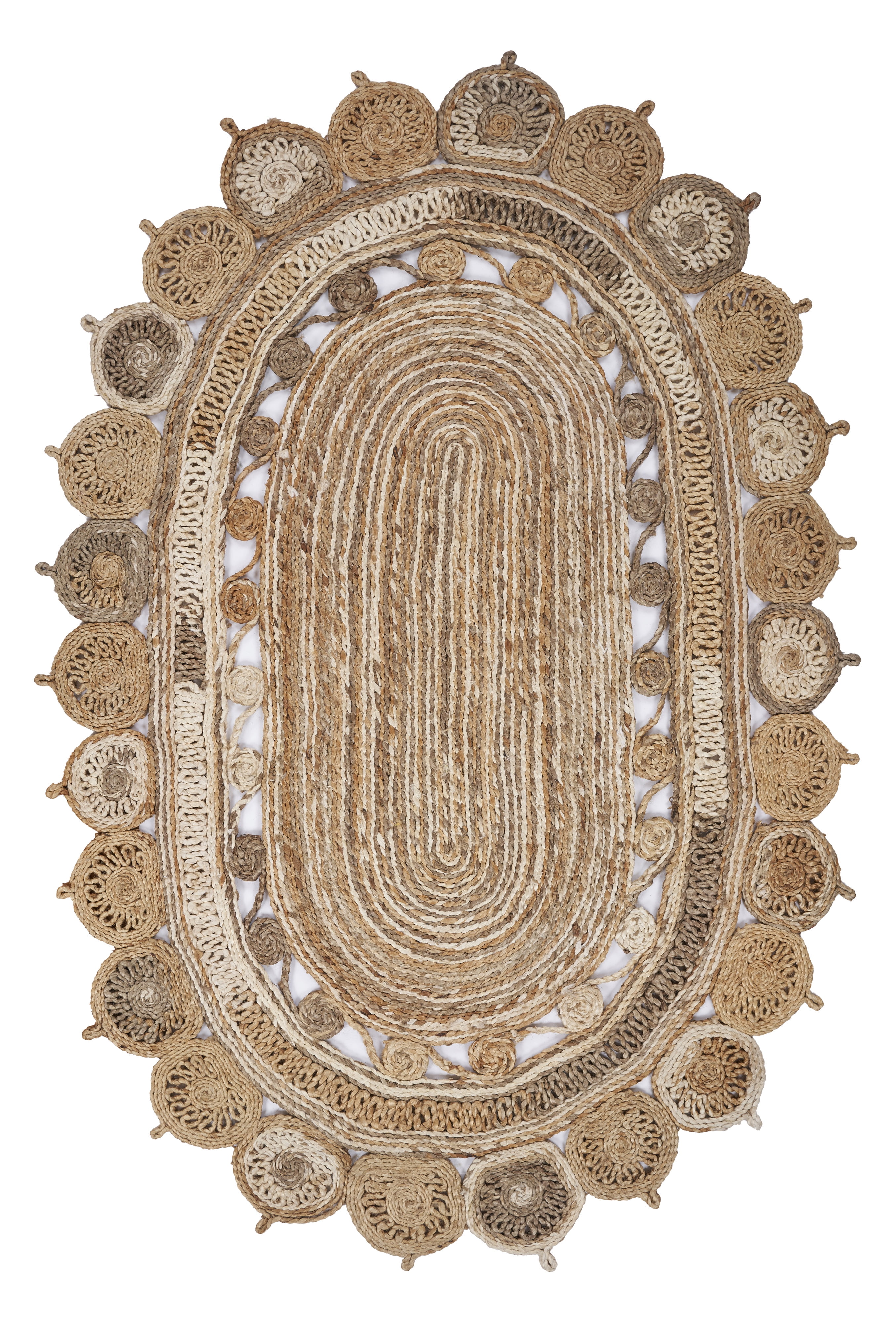 Handmade Braided Oval Beige and Gray Wool Rug