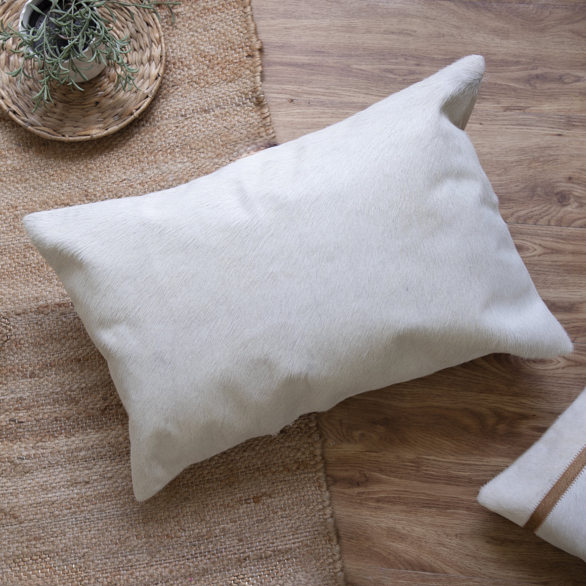 Ox Bay Cordelia Solid Transitional Faux Leather Hand Woven Lumbar Pillow, Ivory, 16" x 24"