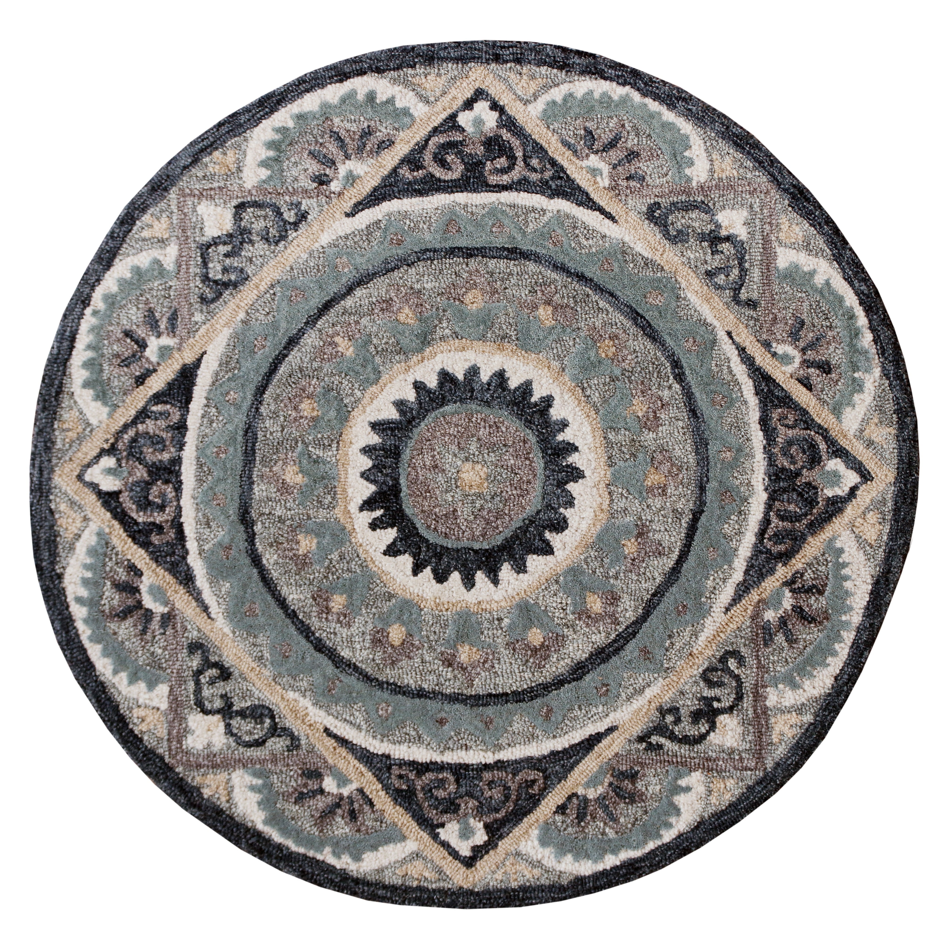 Ox Bay Daisey 3' Round Gray/Blue Geometric Medallion Wool Indoor Area Rug