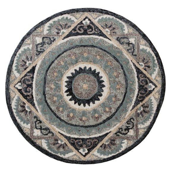 Ox Bay Daisey 3' Round Gray/Blue Geometric Medallion Wool Indoor Area Rug