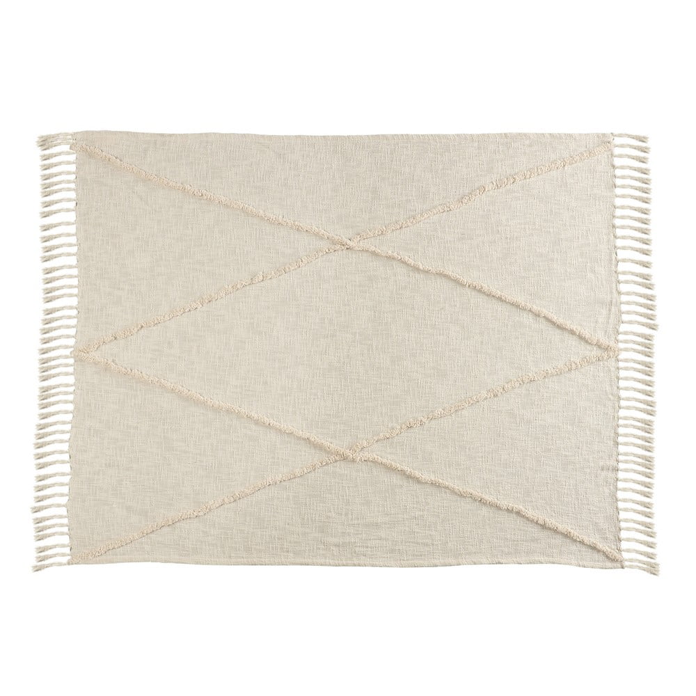 Birch & Cream Handwoven Cotton Throw Blanket with Fringe Accents