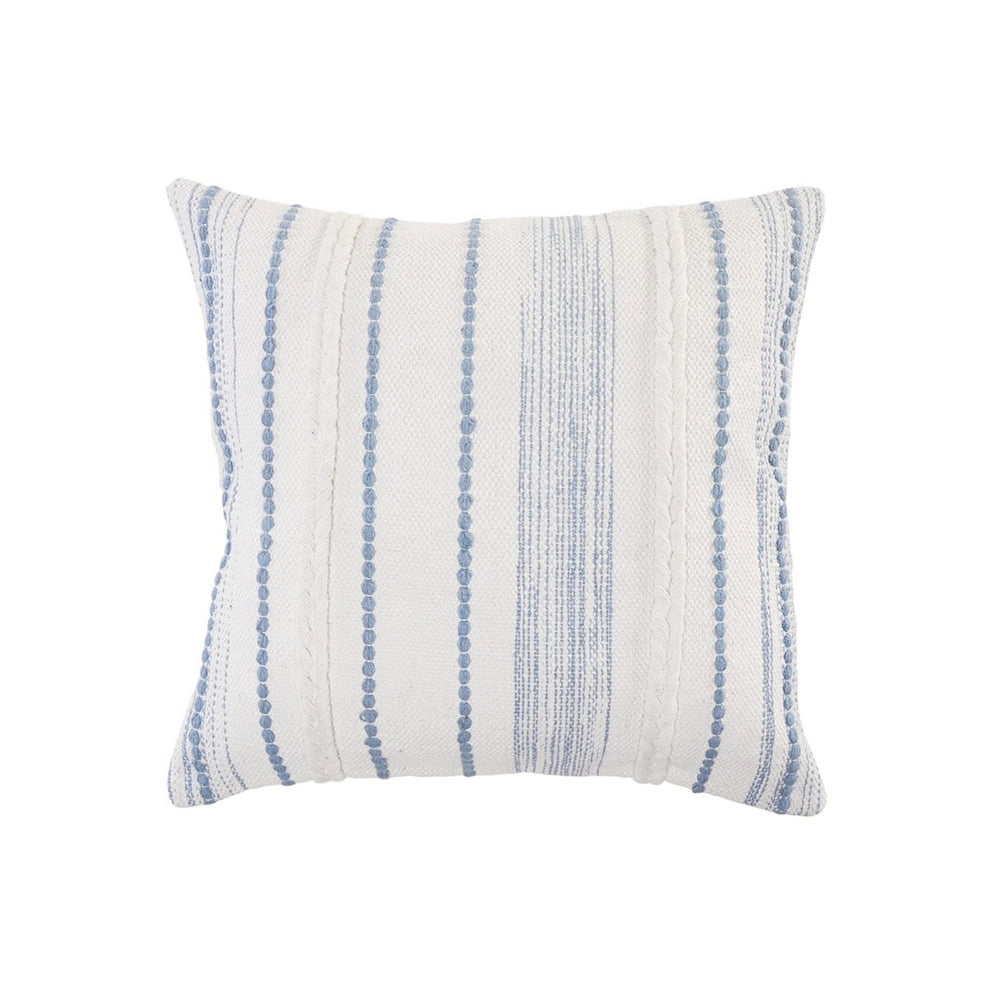Hand-Woven White and Blue Organic Cotton Throw Pillow, 20" x 20"