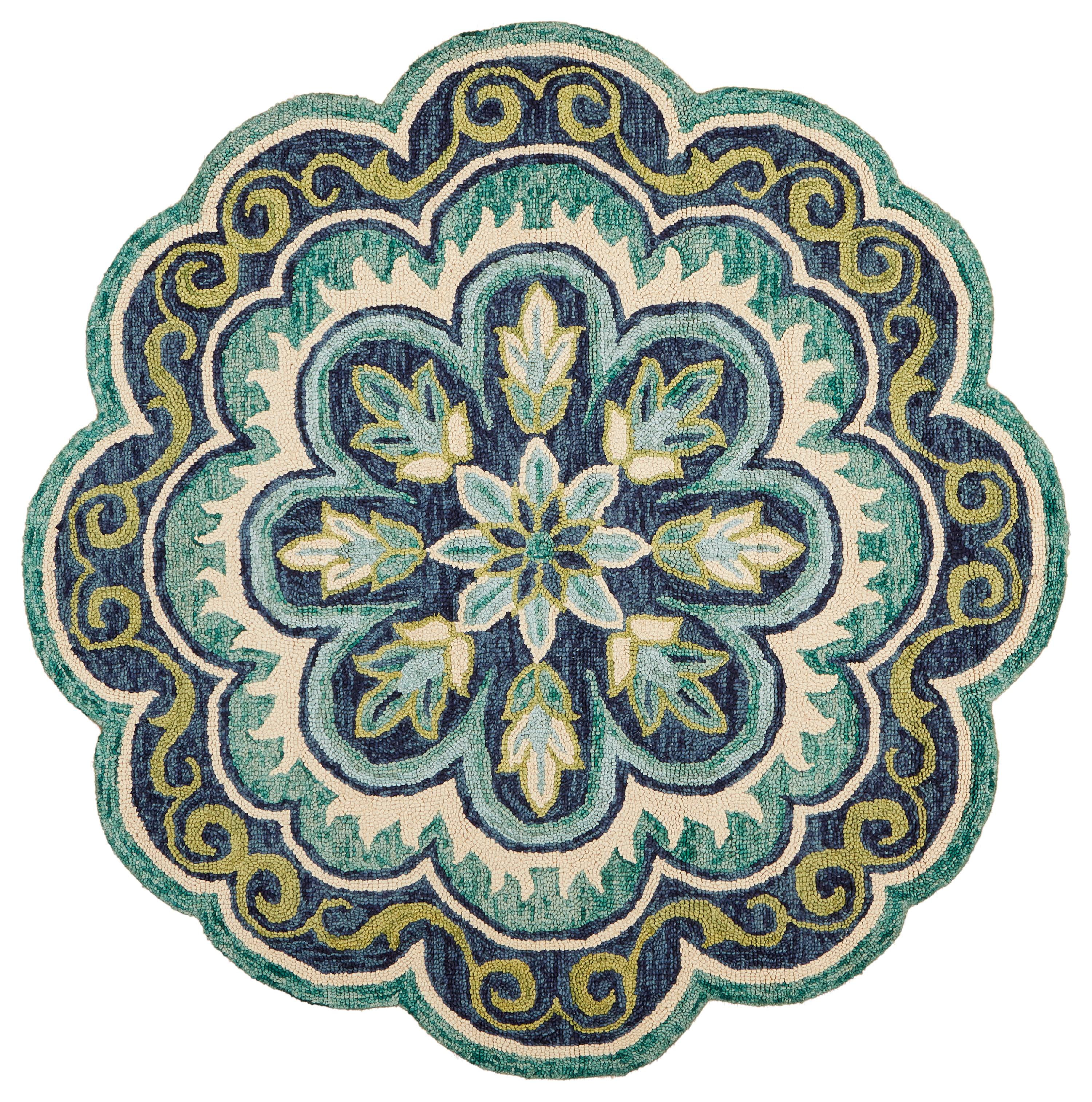 Handmade Blue and Green Floral Wool Round Area Rug