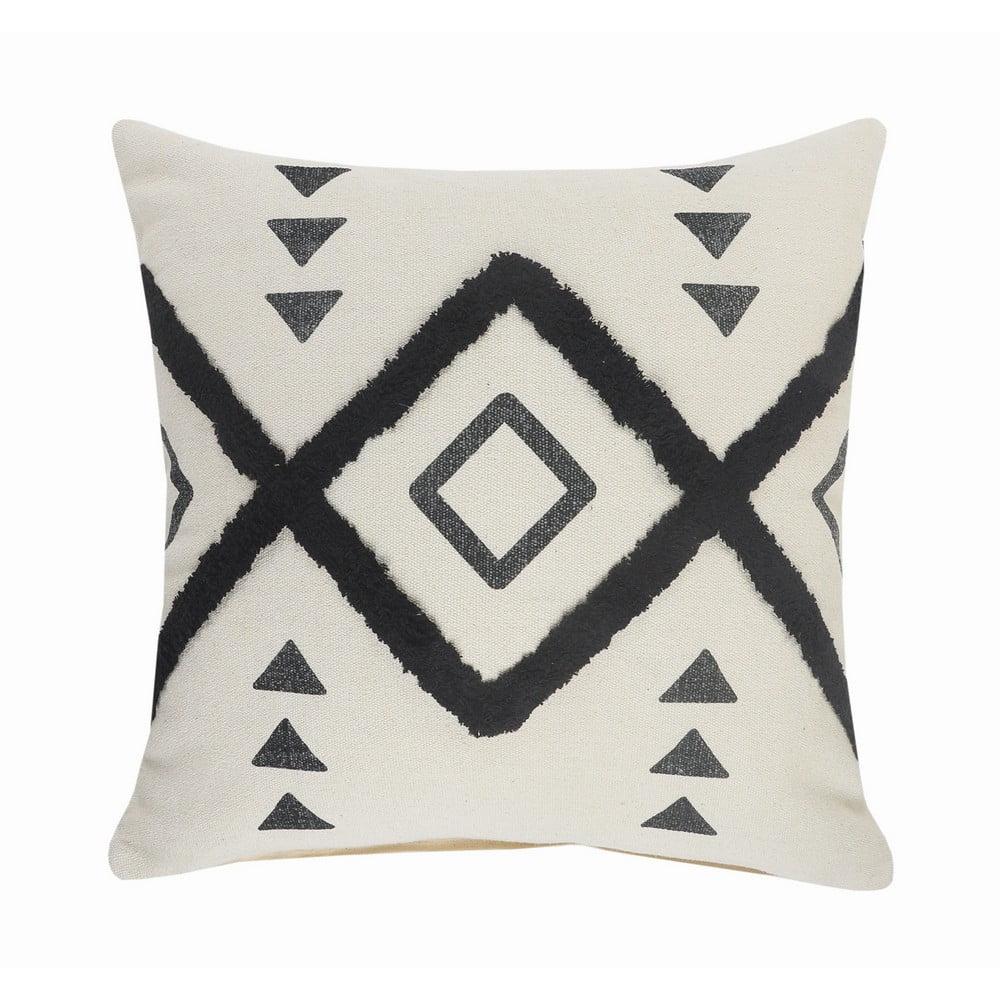20" Black and Off-White Cotton Geometric Tufted Throw Pillow