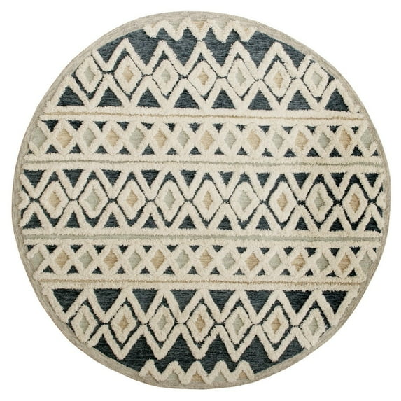 Ox Bay Talia 4' Round Cream/Blue Diamond Striped Wool Indoor Area Rug
