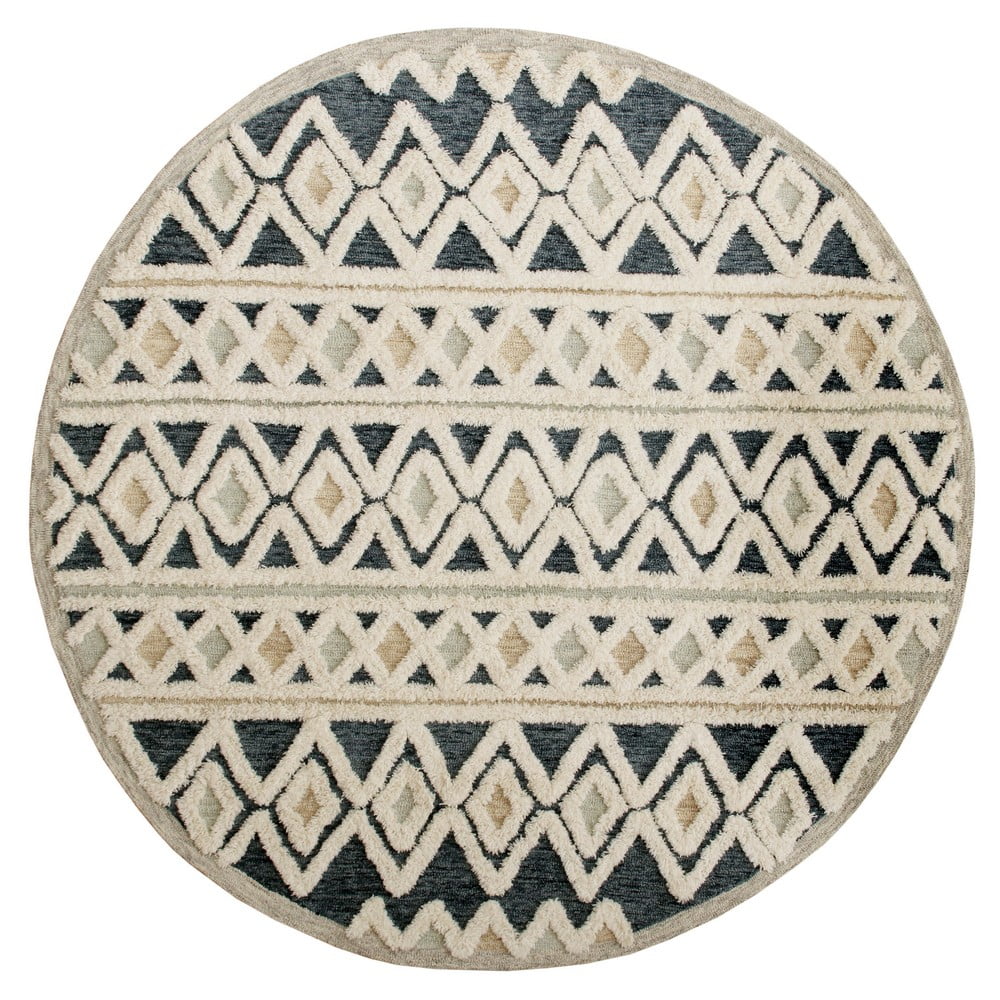 Ox Bay Talia 6' Round Cream/Blue Diamond Striped Wool Indoor Area Rug